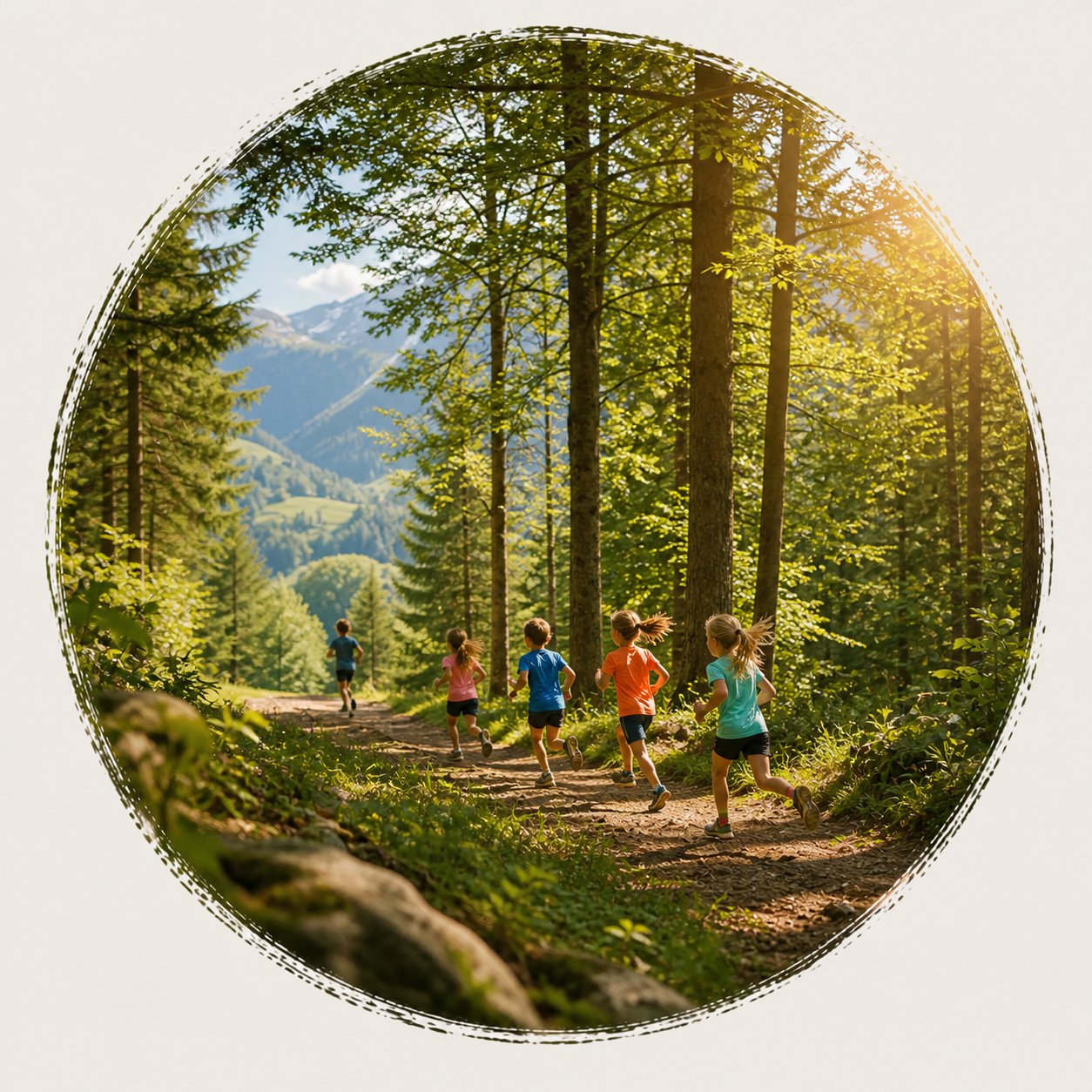 Children running on a forest trail in the mountains