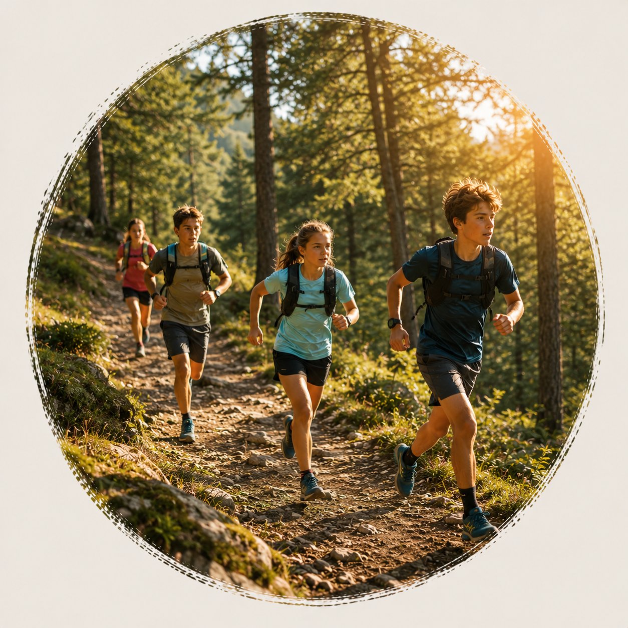 Teenagers trail running through a sunlit forest